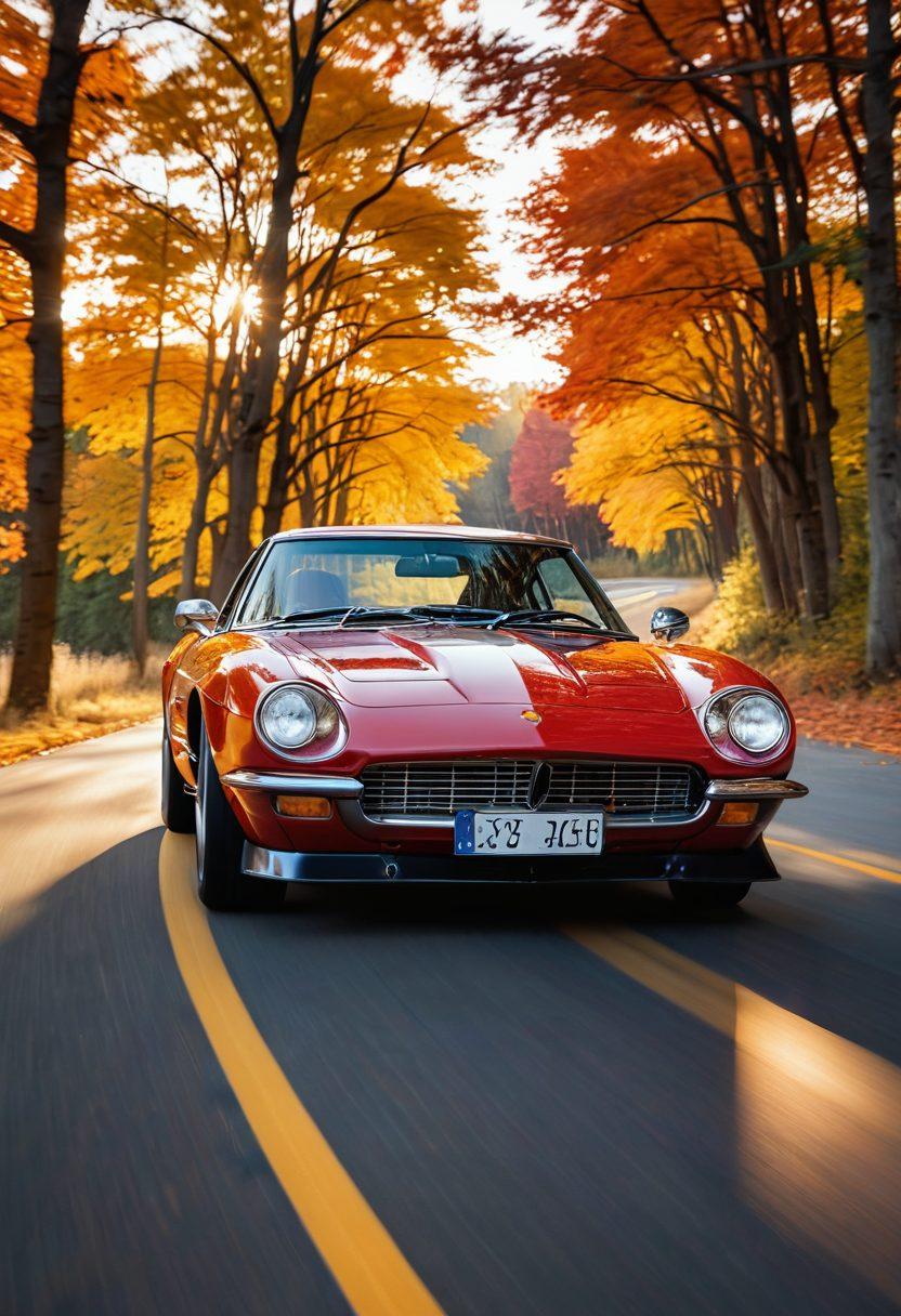 A sleek, modern car with an eye-catching design driving on a winding road surrounded by vibrant autumn trees. The sun is setting in the background, casting a warm golden glow on the car’s polished surface. Showcase intricate details like the car’s grille, headlights, and sleek lines that embody automotive aesthetics. Include motion blur effect to emphasize speed and elegance. super-realistic. vibrant colors.