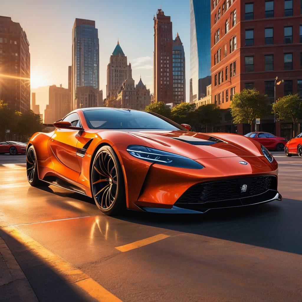 A collage showcasing a stunning mix of custom cars and luxurious models, set against a dynamic urban backdrop. Highlight details like unique paint jobs, chrome finishes, and sleek designs, all exuding elegance and creativity. Include a vibrant sunset casting shadows, emphasizing the beauty and craftsmanship of each vehicle. Lens flare effect to enhance the visual appeal. vibrant colors. 3D.