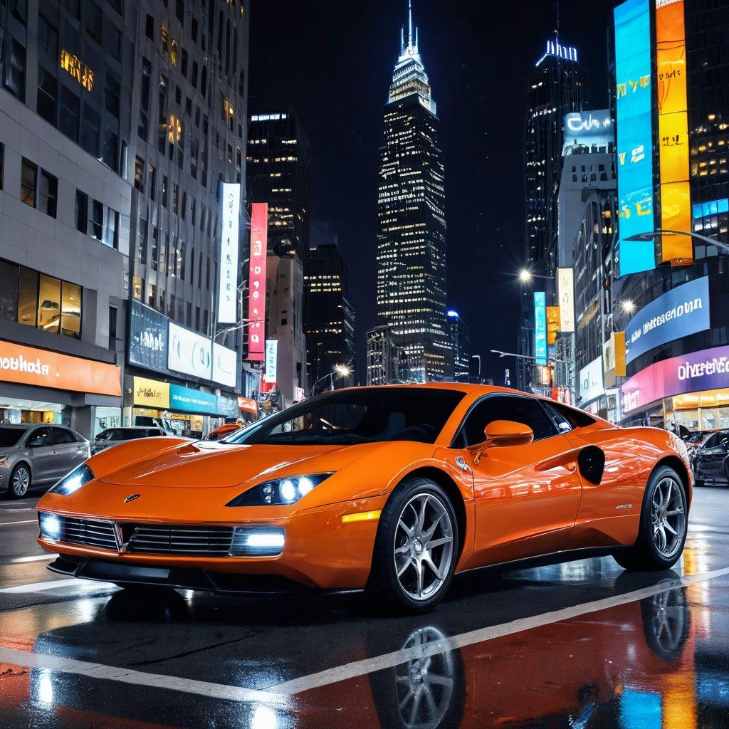 A sleek, modern automobile glistening under bright city lights, showcasing vibrant colors and stylish curves, surrounded by captivated onlookers. The scene is set against a stunning urban backdrop, with reflections of towering glass buildings and a night sky filled with stars. Highlight details of the car's design with lush, glamorous accents to emphasize allure and style. super-realistic. vibrant colors. nighttime setting.